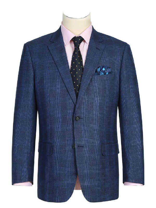 Men's Classic Fit Single Breasted Two Button Navy Big-Plaid Suit Jacket Blazer