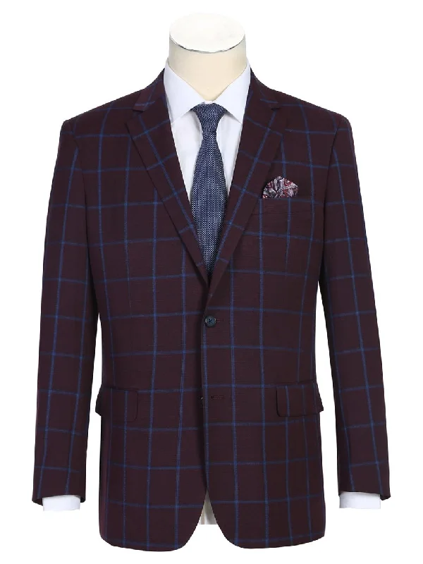 Men's Slim Fit Two Button Burgundy with Blue Check Blazer Sportcoat