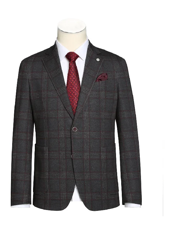 Men's Blazer Slim Fit Half Canvas Dark Grey Windowpane Sport Coat