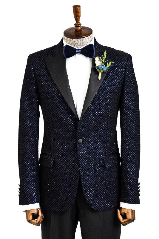 Black Patterned Over Navy Blue Men Party Blazer - Wessi