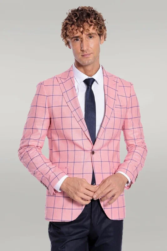 Blue Plaid Patterned Slim Fit Pink Men Blazer - Wessi