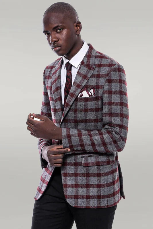 Checked Peak Lapel Slim-Fit Burgundy Men Blazer - Wessi