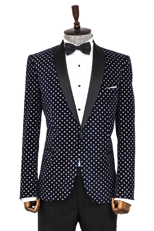 Dot Patterned Slim Fit Navy Blue Men Party Blazer - Wessi