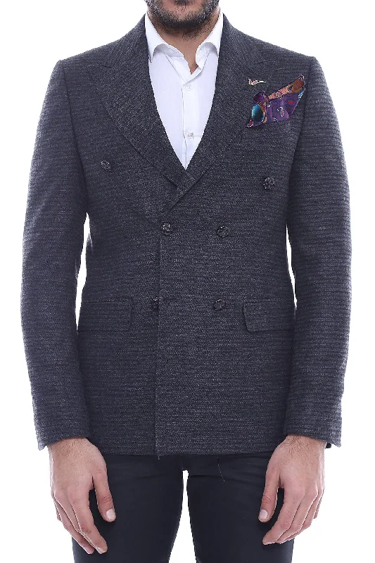 Double Breasted Slim Fit Navy Blue Blazer - Wessi