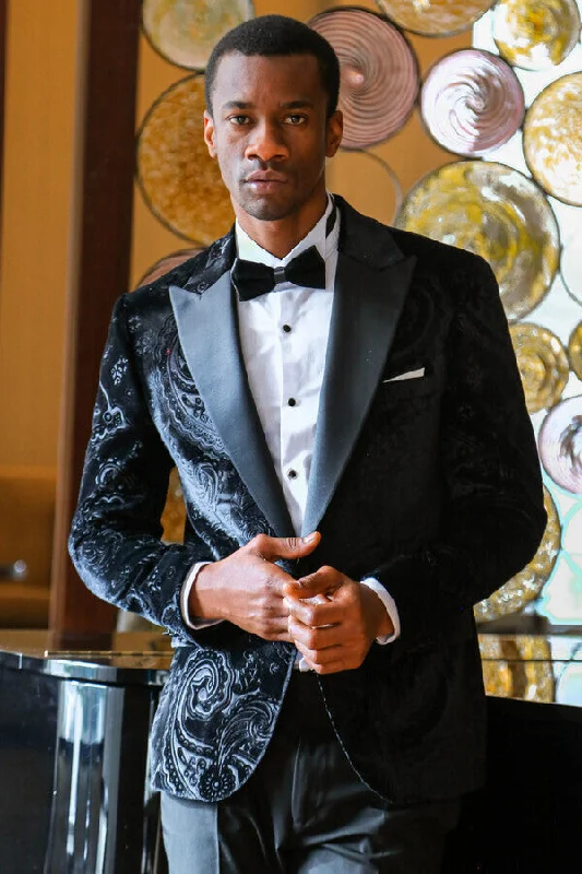 Floral Patterned Velvet Black Men Wedding Tuxedo Blazer - Wessi