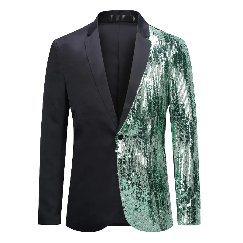 Green Slim Fit Notch Lapel Half-Sequin Blazer