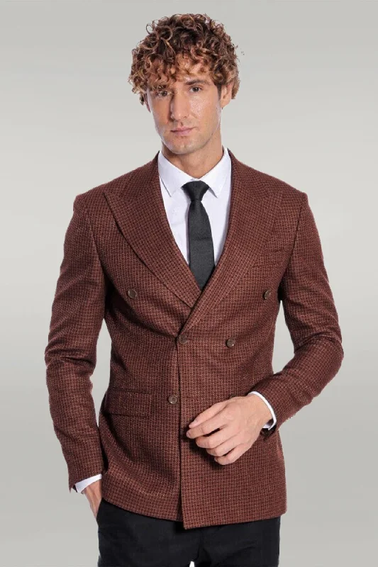 Houndstooth Patterned Brown Men Double Breasted Blazer - Wessi