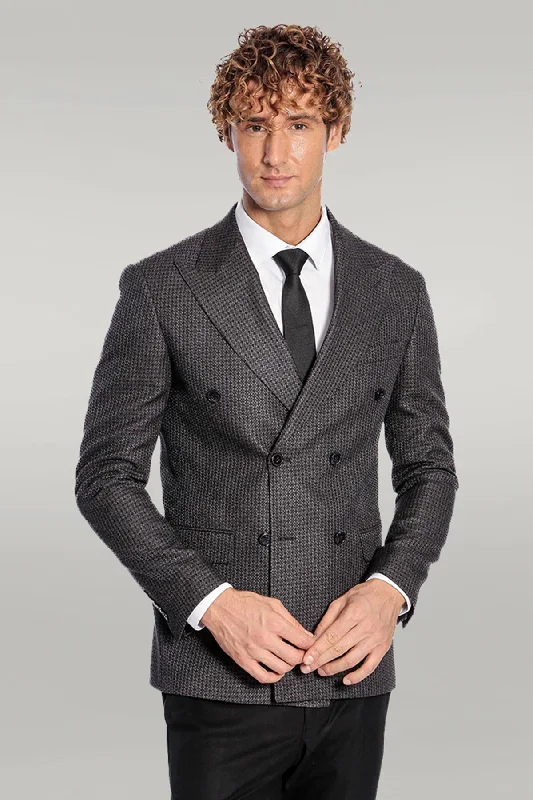 Houndstooth Patterned Grey Men Double Breasted Blazer - Wessi