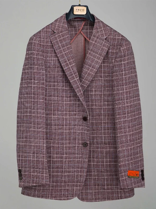 Label E Mens Burgundy Plaid Classic Fit Stretch 2 Button Blazer Sportcoat