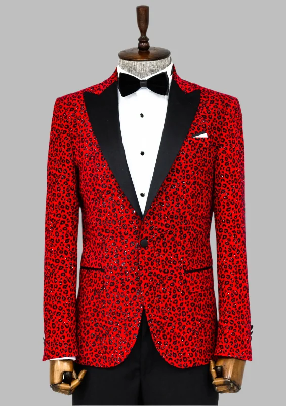 Leopard Pattern Slim Fit Peak Lapel Burgundy Men Tuxedo Party Blazer