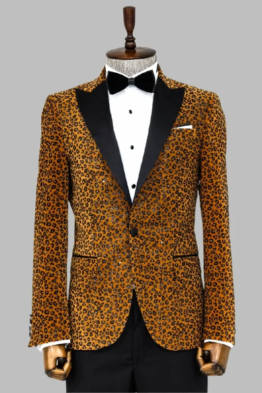 Leopard Pattern Slim Fit Peak Lapel Yellow Men Tuxedo Party Blazer