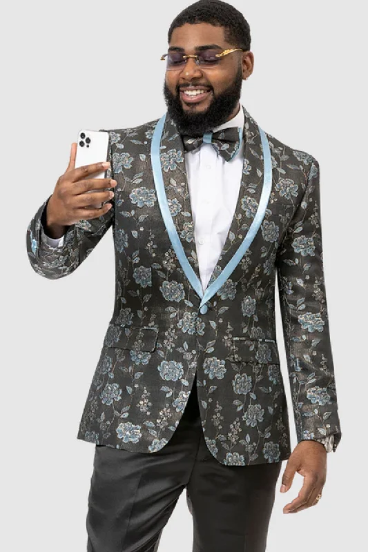 Mens Black & Blue Paisley Floral Prom Tuxedo Dinner Jacket with Sky Blue Satin Lapel Trim