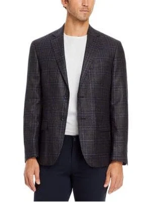 Mens Charcoal Gray & Navy Plaid Wool Silk Cashmere Blend Blazer Sportcoat