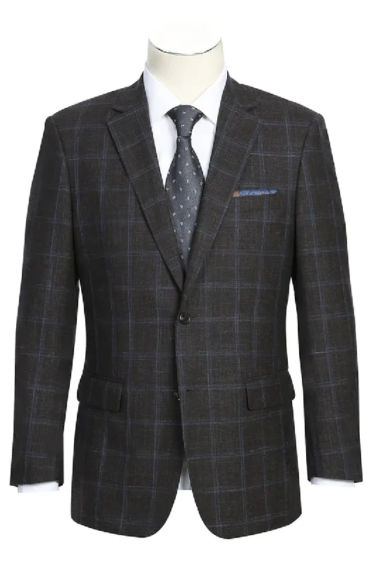 Mens Classic Fit Two Button Wool & Linen Sport Coat Blazer in Brown Windowpane Plaid