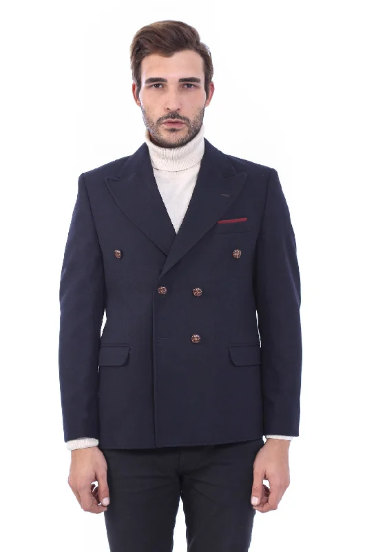 Mens Double Breasted Slim Fit Navy Blue Blazer - Wessi