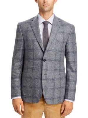 Mens Gray With Blue Plaid Regular Fit Wool Blend Half Lined Blazer Sportcoat