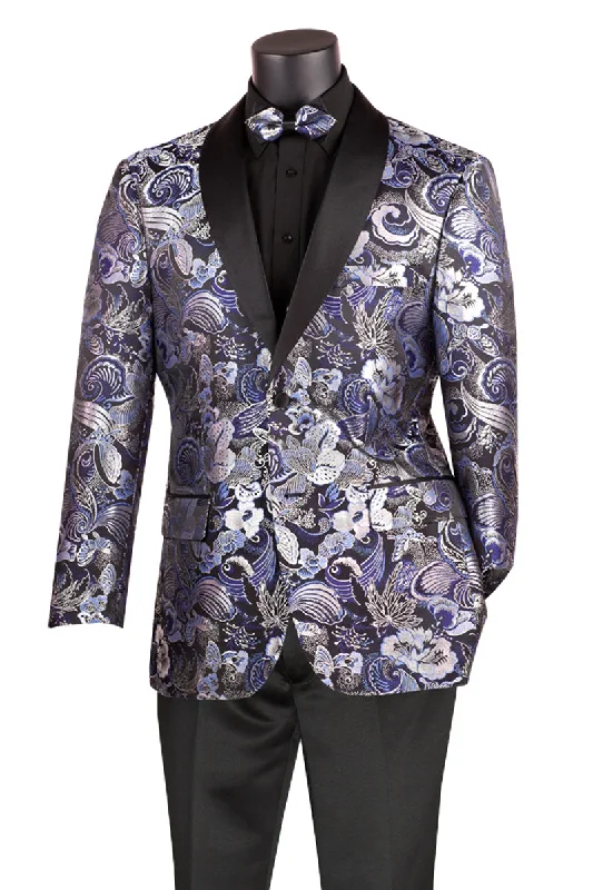 Mens Japanes Floral Paisley Print Prom & Wedding Tuxedo Jacket in Navy Blue