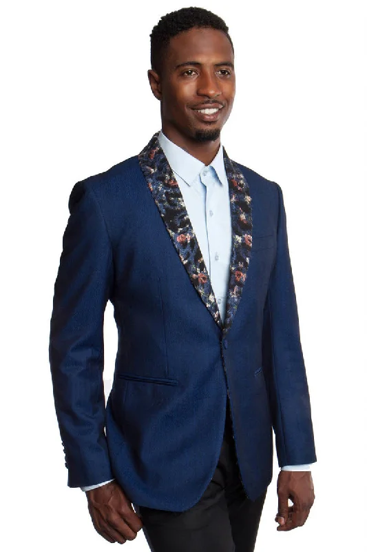 Men's One Button Slim Fit Dinner Jacket in Navy with Floral Pattern Lapel