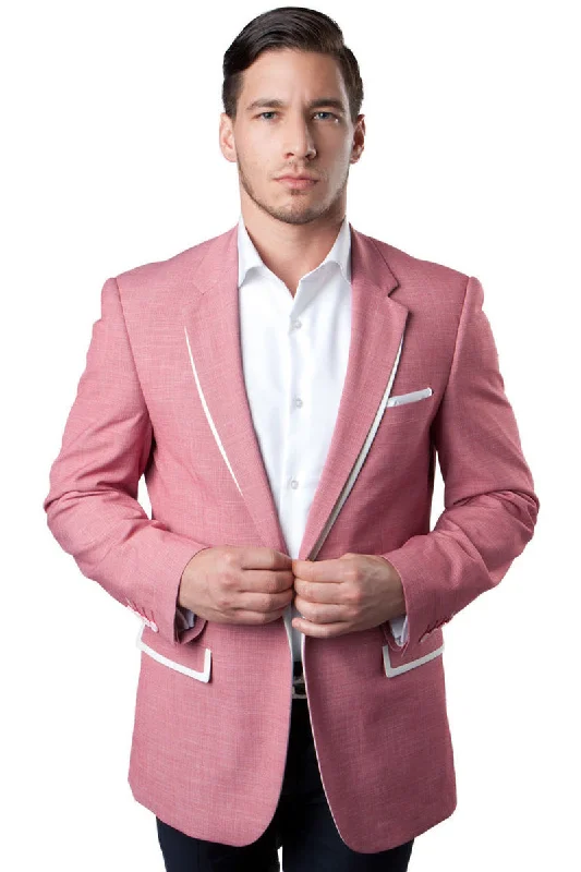 Men's One Button Summer Blazer in Salmon Pink with White Trim