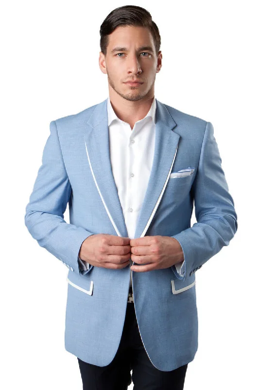 Men's One Button Summer Blazer in Sky Blue with White Trim