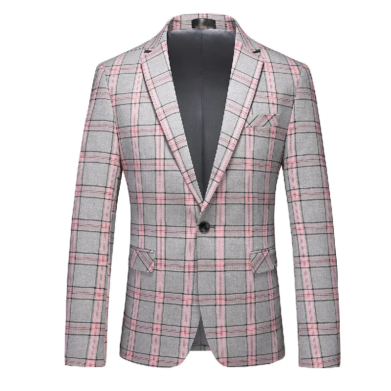 Men's Plaid Notch Lapel Collar One Button Blazer Pink