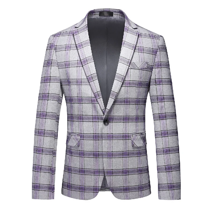 Men's Plaid Notch Lapel Collar One Button Blazer Purple