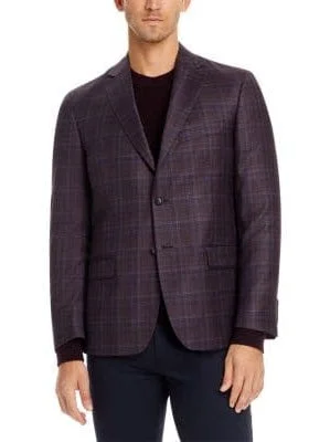 Mens Purple Plaid 100% Reda Wool Two Button Blazer Sportcoat