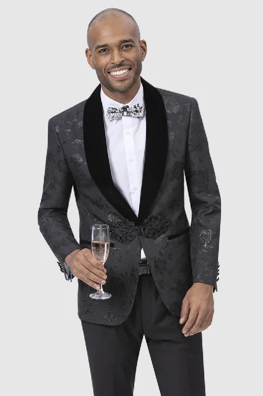 Mens Shiny Paisley Prom Smoking Tuxedo Jacket in Black