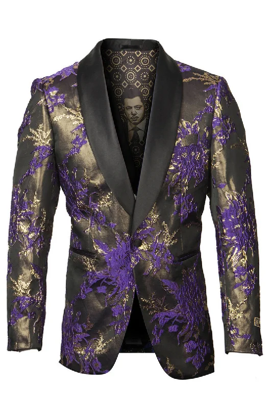 Men's Shiny Satin Paisley Prom Tuxedo Jacket in Purple & Gold