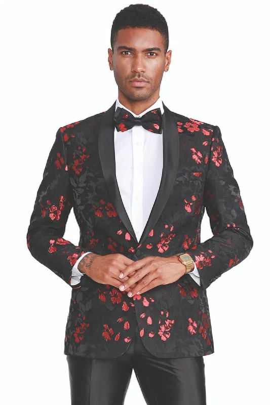 Men's Slim Fit Black & Red Paisley Prom Tuxedo Jacket