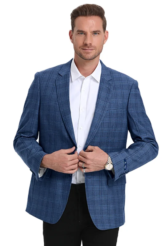 Men's Slim Fit Business Casual Teal Blue Plaid Sport Coat