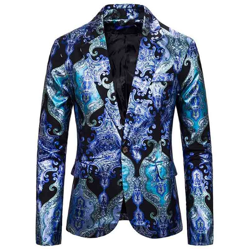 Men's Slim Fit Casual Fancy Printed Chic Blazer Jacket Floral Party Coats Blue