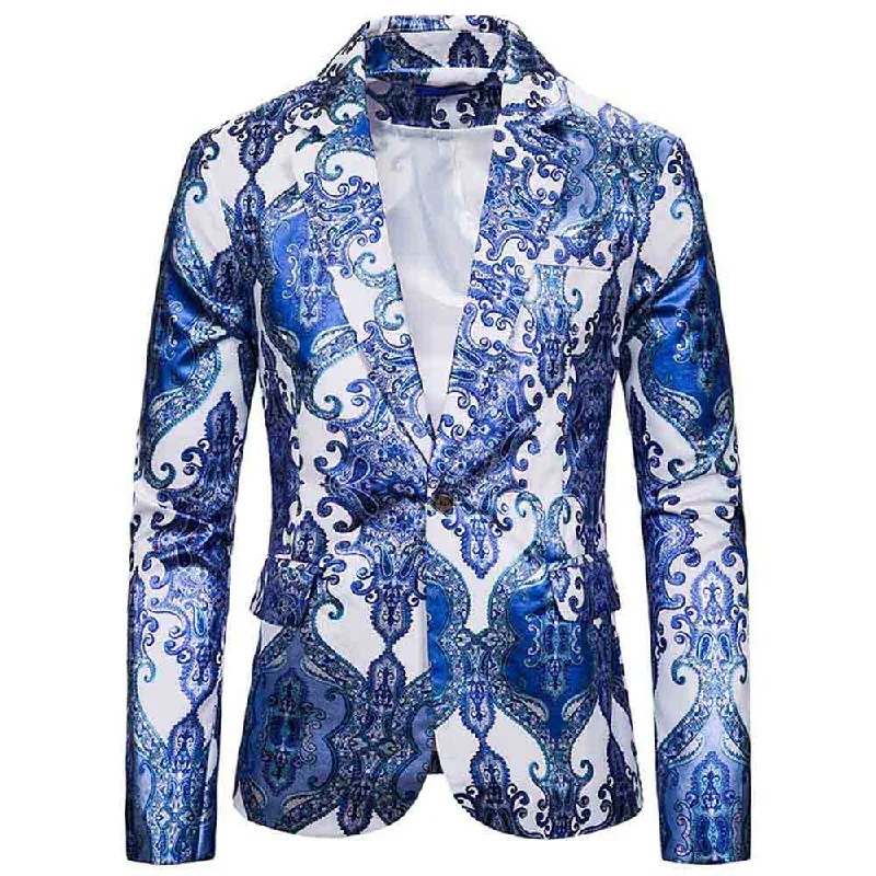 Men's Slim Fit Casual Fancy Printed Chic Blazer Jacket Floral Party Coats Light Blue