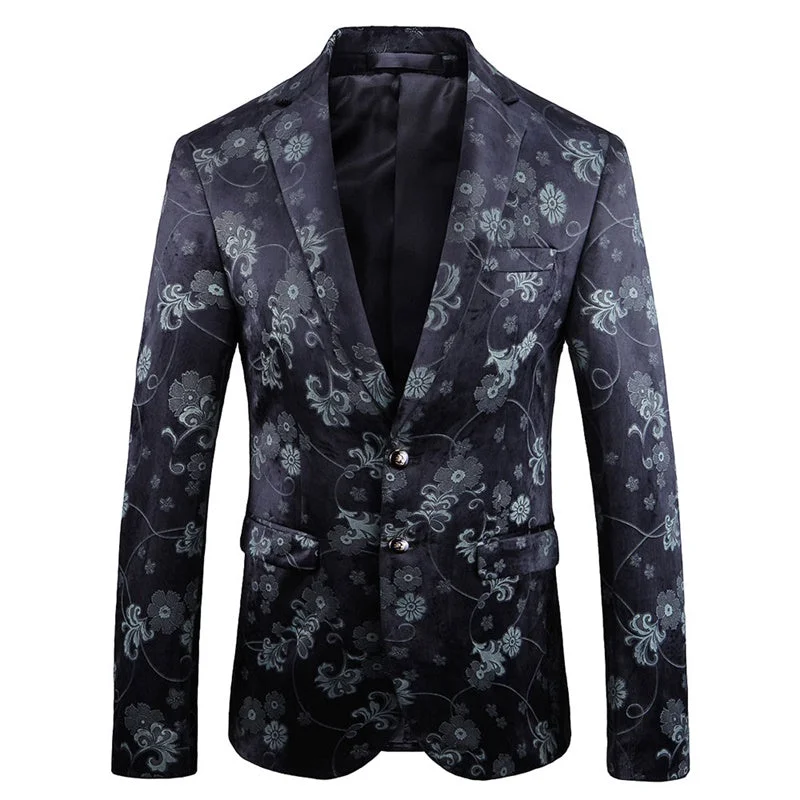 Slim Fit Casual Floral Printed Blazer Black