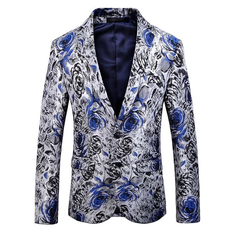 Slim Fit Casual Floral Printed Blazer Blue