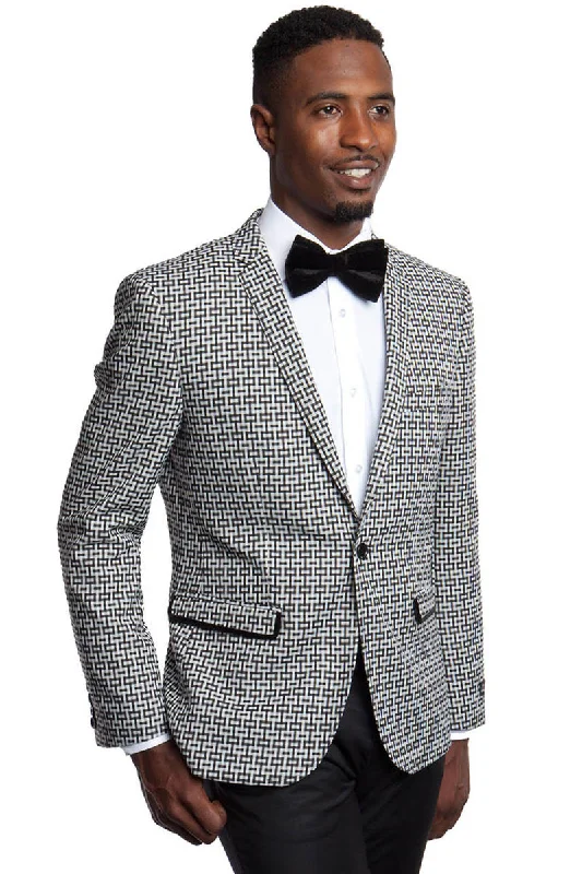 Men's Slim Fit One Button Square Pattern Party Blazer in Black & White