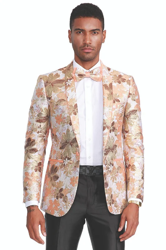 Men's Slim Fit Paisley Prom Tuxedo Jacket in Peach & Orange