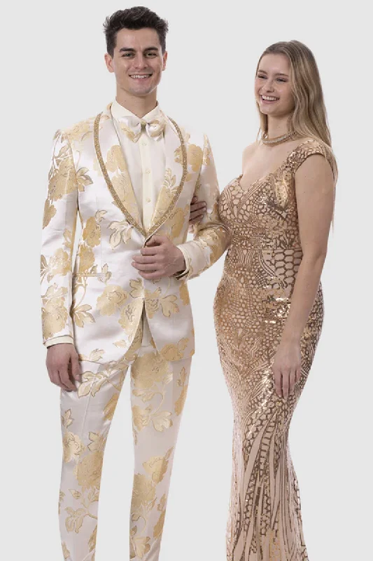 Mens Slim Fit Satin Paisley Wedding Tuxedo in Ivory & Gold