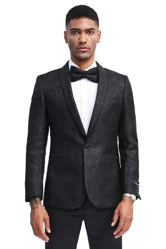 Men's Slim Fit Tonal Paisley Prom Dinner Jacket in Black