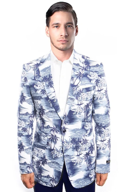 Men's Slim Fit Tropical Print Vacation Blazer in Blue & White