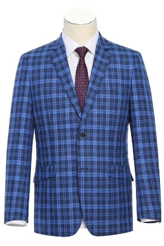 Mens Slim Fit Two Button Sport Coat Blazer in Royal & Navy Blue Windowpane Plaid