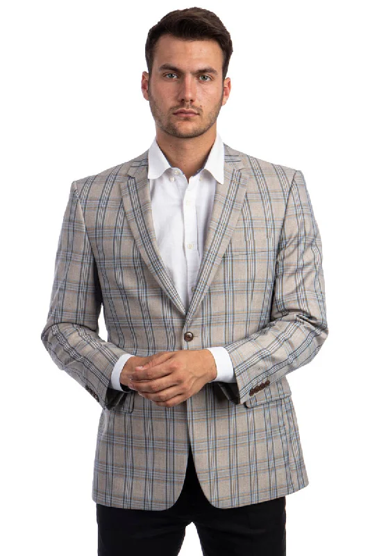 Men's Two Button Regular Fit Sport Coat in Tan, Blue, Gold Windowpane Plaid