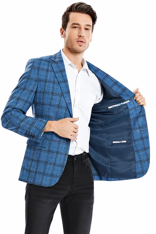 Men's Two Button Slim Fit Glen Plaid Sport Coat Blazer in Teal Blue