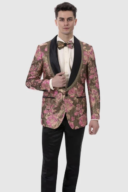 Mens Vintage Style Floral Paisley Prom Tuxedo Smoking Jacket in Fuschia & Gold