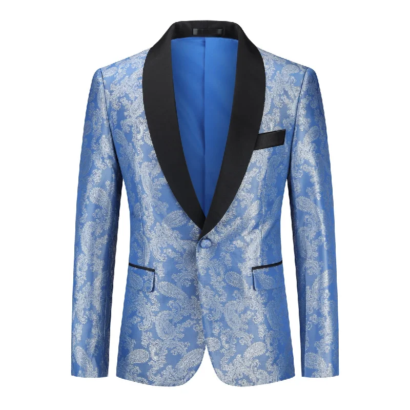 One Button Print Slim Fit Casual Blazer Blue