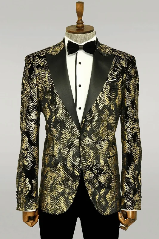 Peak Lapel Slim Fit Gold Patterned Black Men Evening Blazer