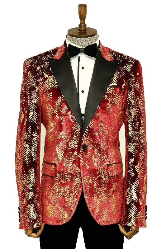 Peak Lapel Slim Fit Gold Patterned Burgundy Men Party Blazer - Wessi