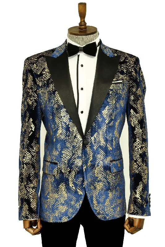 Peak Lapel Slim Fit Gold Patterned Navy Blue Men Party Blazer