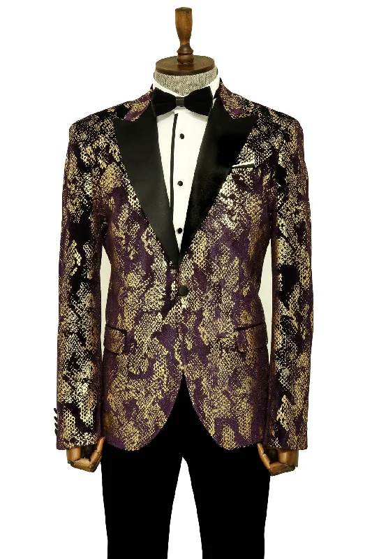 Peak Lapel Slim Fit Gold Patterned Purple Men Singer Tuxedo Blazer