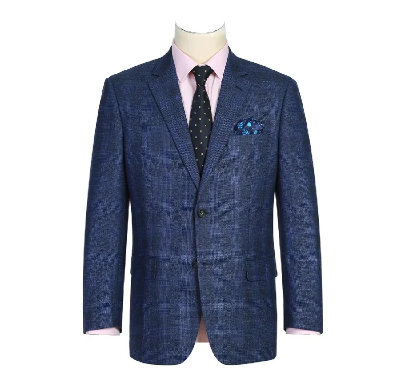 Raphael Mens Blue Plaid Classic Fit Stretch 2 Button Blazer Sportcoat